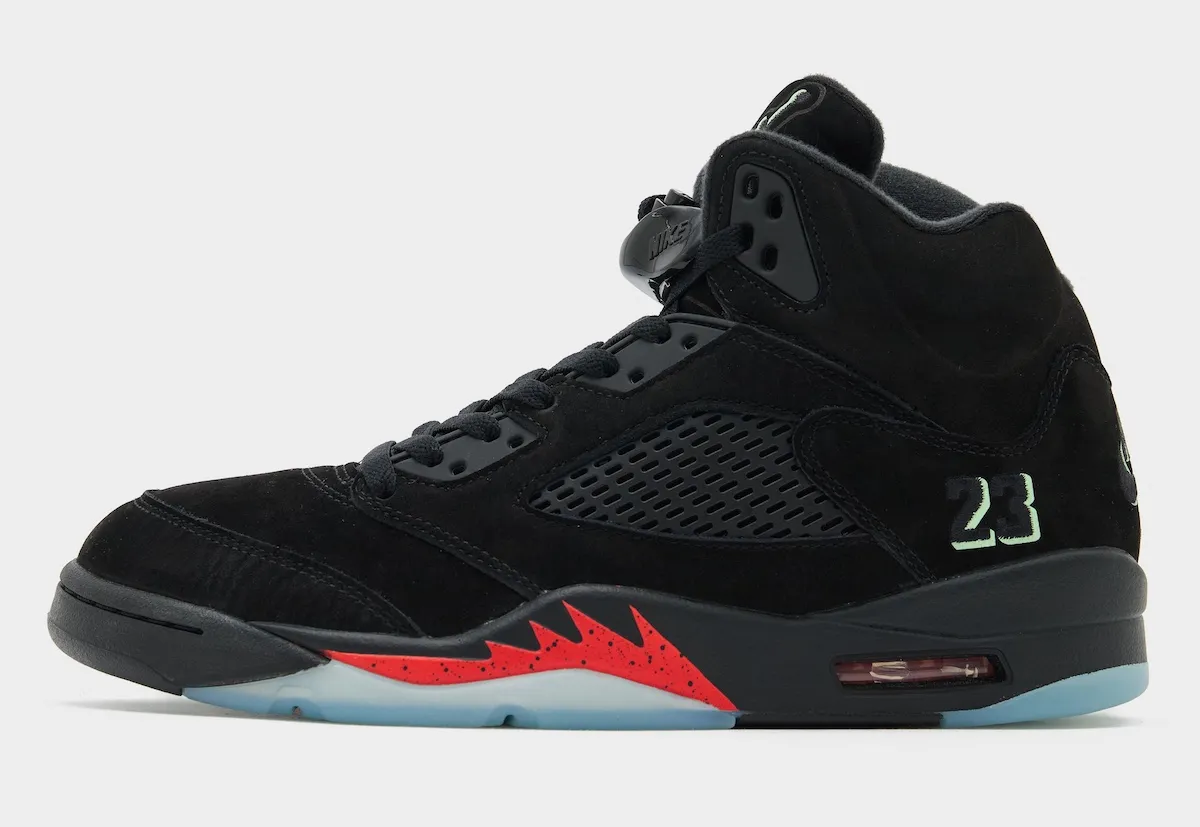 Air Jordan 5 Halloween in black suede with Picante Red and glow-in-the-dark details