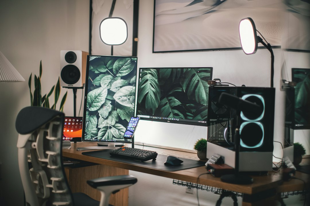 Creator desk setup with monitor and headphones for Woot deals